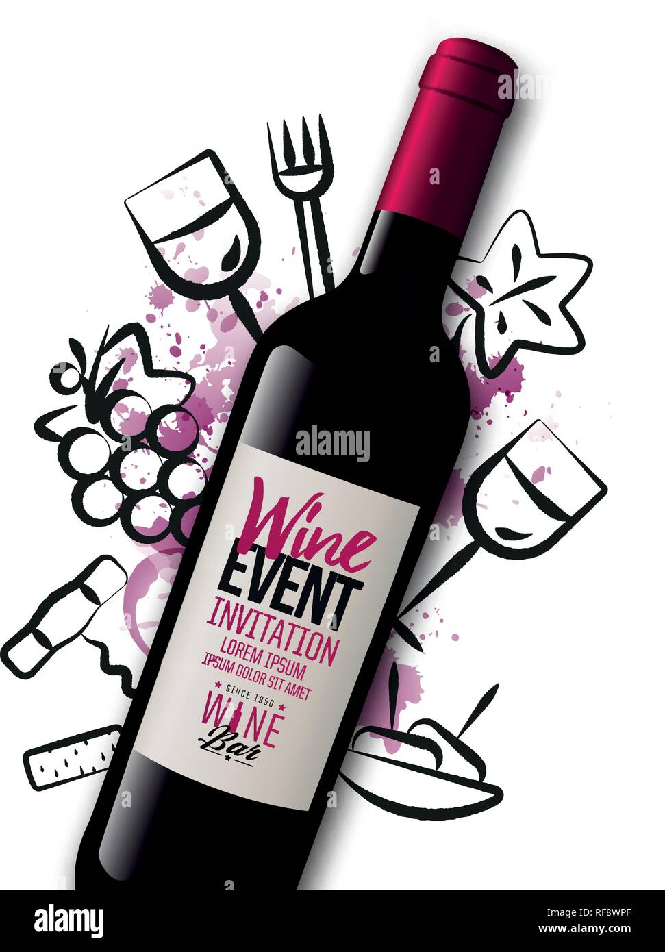 Hintergrund Wein Symbole mit Strichen gezeichnet. Wein Flasche Abbildung. Rotweinflecken Hintergrund. Idee für Wein, Weinprobe, Party mit Essen und Stock Vektor Hintergrund Wein Symbole mit Strichen gezeichnet. Wein Flasche Abbildung. Rotweinflecken Hintergrund. Idee für Wein, Weinprobe, Party mit Essen und Stock Vektor