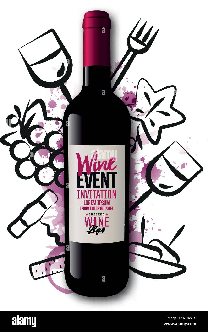 Hintergrund Wein Symbole mit Strichen gezeichnet. Wein Flasche Abbildung. Rotweinflecken Hintergrund. Idee für Wein, Weinprobe, Party mit Essen und Stock Vektor Hintergrund Wein Symbole mit Strichen gezeichnet. Wein Flasche Abbildung. Rotweinflecken Hintergrund. Idee für Wein, Weinprobe, Party mit Essen und Stock Vektor