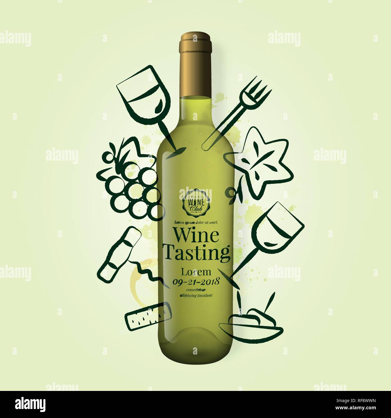 Hintergrund Wein Symbole mit Strichen gezeichnet. Weiße Flasche Wein Abbildung. Farbe Hintergrund. Idee für Wein, Weinprobe, Party mit Essen und dri Stock Vektor Hintergrund Wein Symbole mit Strichen gezeichnet. Weiße Flasche Wein Abbildung. Farbe Hintergrund. Idee für Wein, Weinprobe, Party mit Essen und dri Stock Vektor