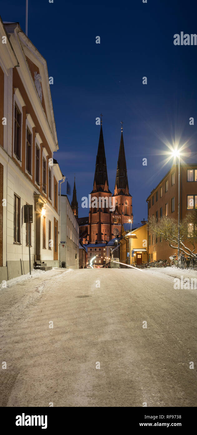 Straße und der Dom bei Nacht. Uppsala, Schweden, Skandinavien. Stockfoto