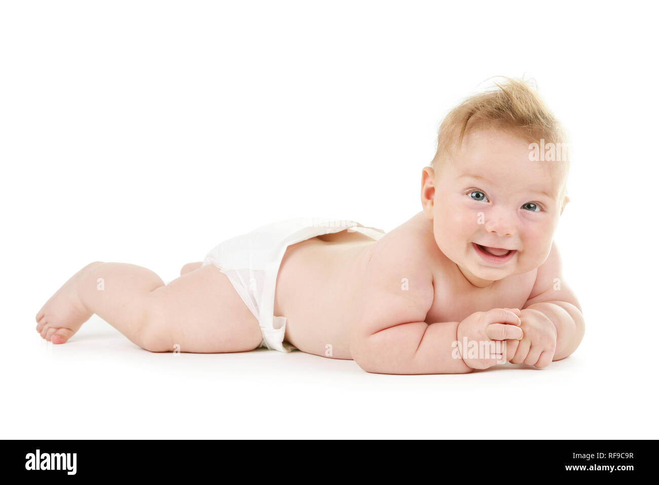 Adorable Baby boy Kriechen auf weißen isoliert Stockfoto