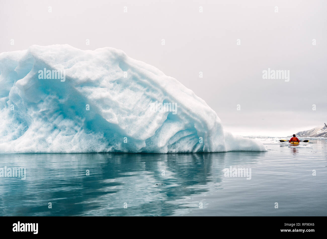 Hornsund | SVALBARD, Norwegen — Ein einsamer Kajakfahrer paddelt unter einem massiven, gestrandeten Eisberg im Hornsund-Fjord, der von einem der Gletscher entlang der Südküste von Spitsbergen kalbten, überragt wird. Die gezackte blau-weiße Front des Berges zeigt die typische geschichtete Kompression von Gletschereis, das weit über die Wasserlinie ragen kann, während eine noch größere Masse untergetaucht bleibt. Stockfoto