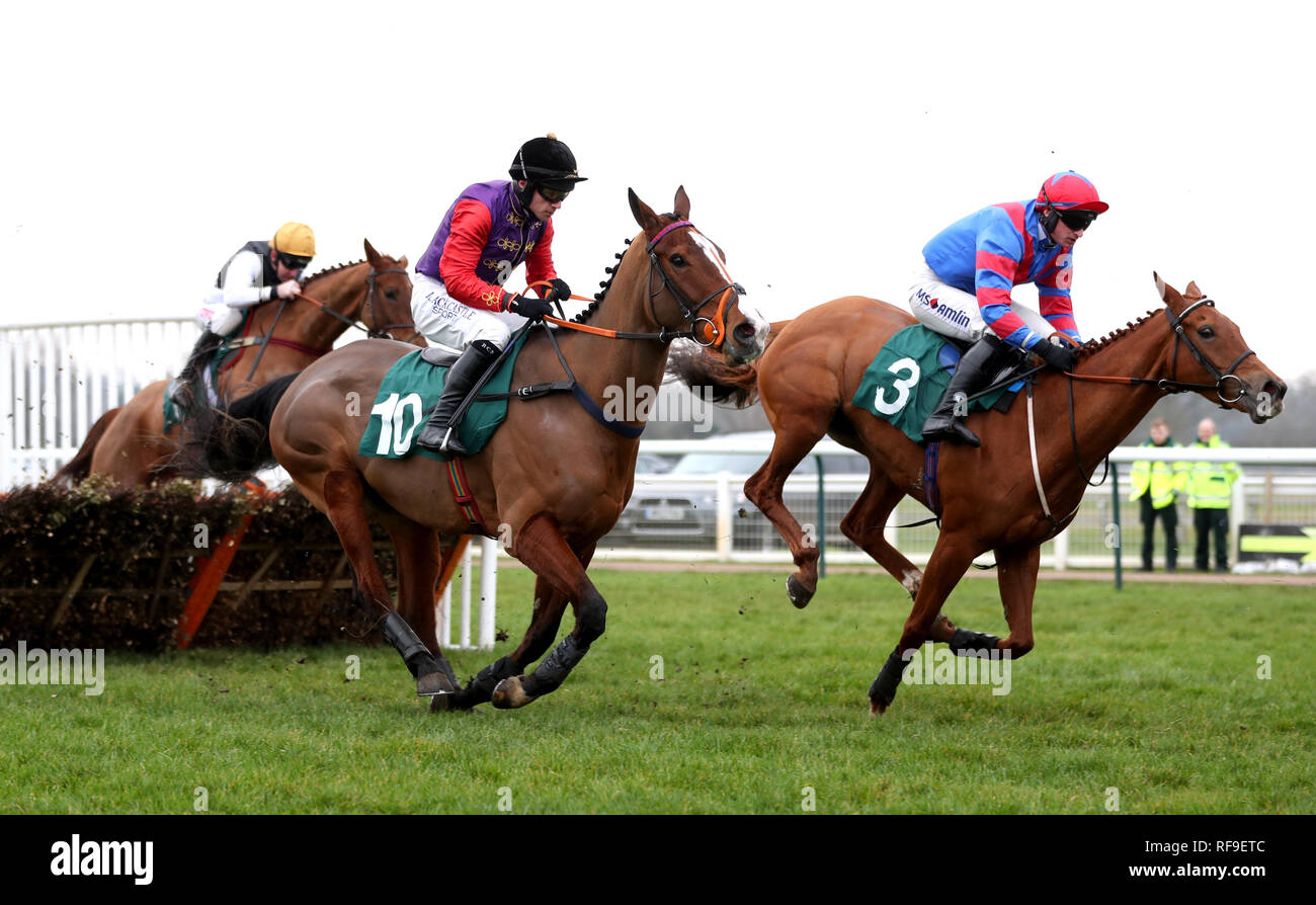 Läufer und Reiter in die Novizen "racingtv.com/freetrial Stuten ''Nationalen Jagd" Hürde konkurrierenden während Midlands Raceday an der Warwick Racecourse. Stockfoto