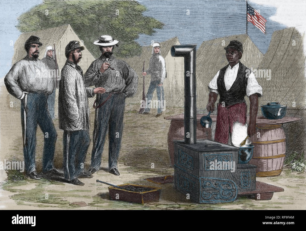 Amerikanischer Bürgerkrieg. Union Armee. Camp Küche, 2 New York Regiment. Kupferstich von Fr. Vizetelly Stockfoto