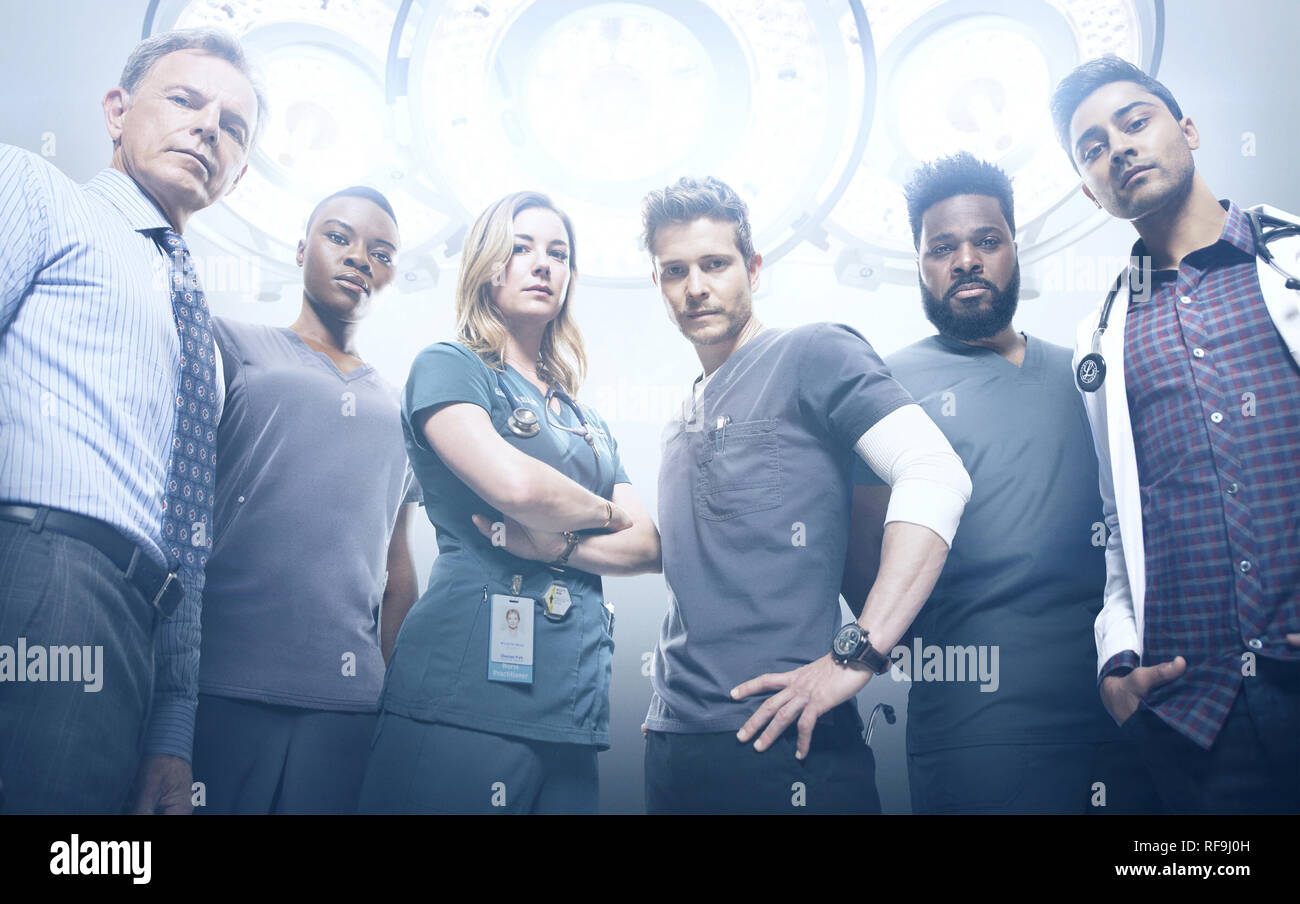 Bruce Greenwood, Shaunette Renée Wilson, Emily VanCamp, Matt Czuchry, Malcolm-Jamal Warner, Manish Dayal, "Die Bewohner' Saison 2 (2019) Quelle: Fox Broadcasting Co./Hollywood Archiv Stockfoto