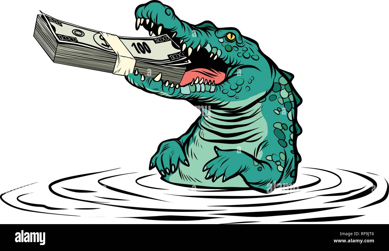 Grünes Krokodil frisst Geld auf weißem Hintergrund isolieren Stock Vektor
