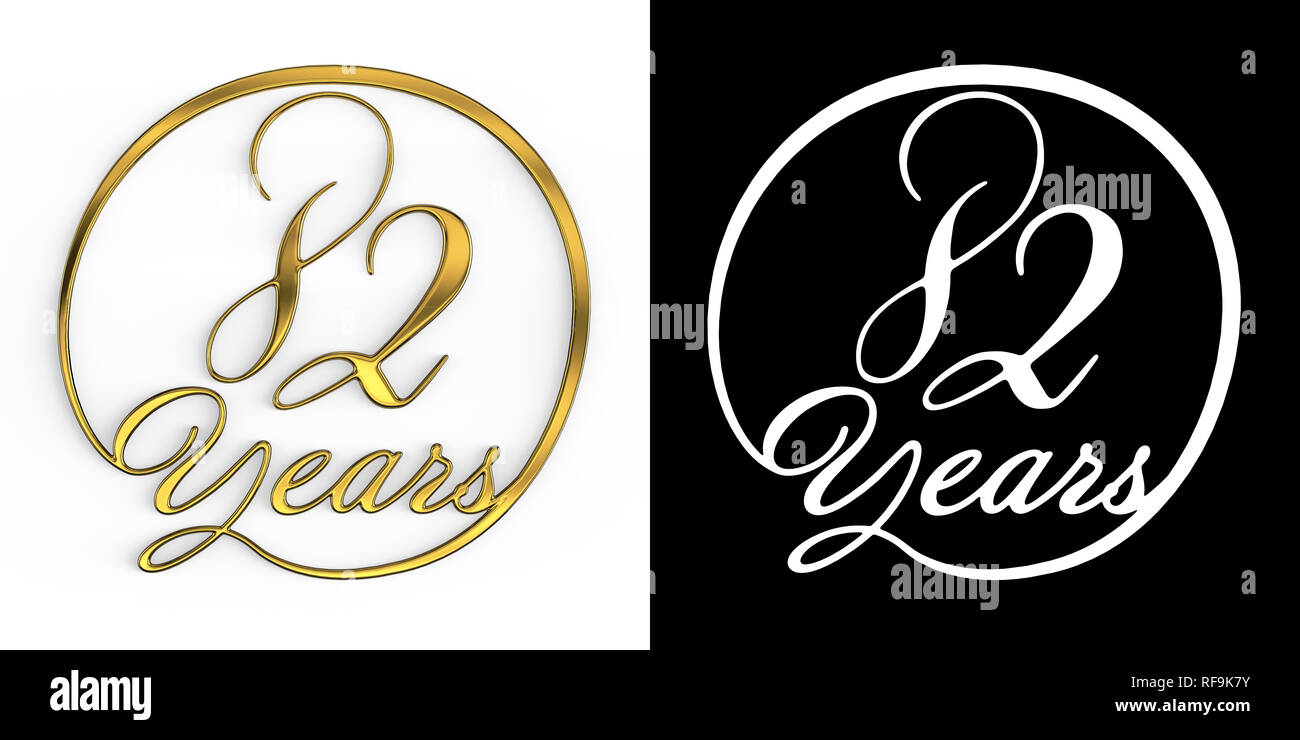 Goldene Zahl 82 Jahre (82 Jahre) in einem Kreis, Ansicht von oben, mit Alpha Kanal. 3D-Darstellung Stockfoto