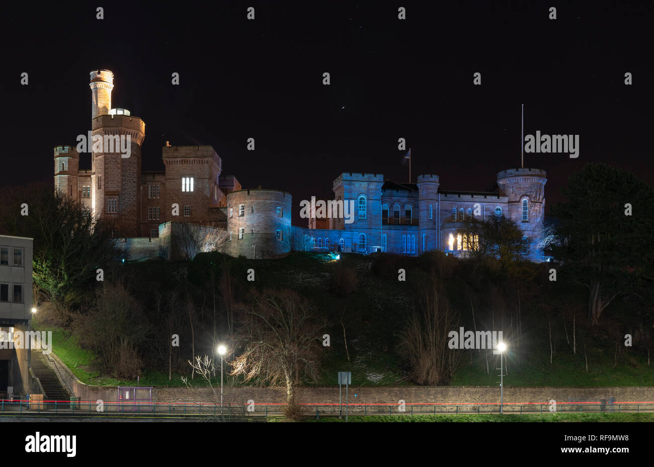 Inverness Castle auf einem eisigen Winter Abend, Januar 2019. Stockfoto