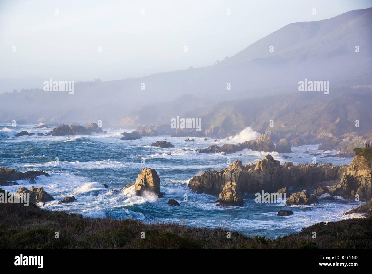 Wellen gegen die felsige Küste der Monterey Halbinsel. Stockfoto