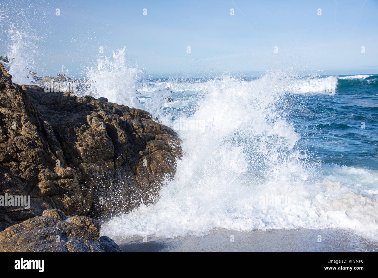 Wellen gegen die felsige Küste der Monterey Halbinsel. Stockfoto