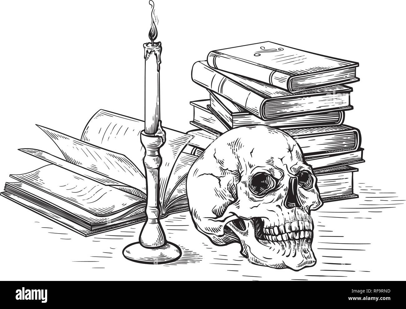 Handgefertigte Skizze Tod Konzept menschlicher Schädel auf alte Bücher in der Nähe der Kerze auf dunklem Hintergrund Vector Illustration Stock Vektor