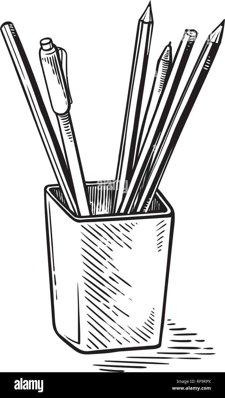 Büroartikel, Kugelschreiber und Bleistifte in Cup Vector Illustration Stock Vektor