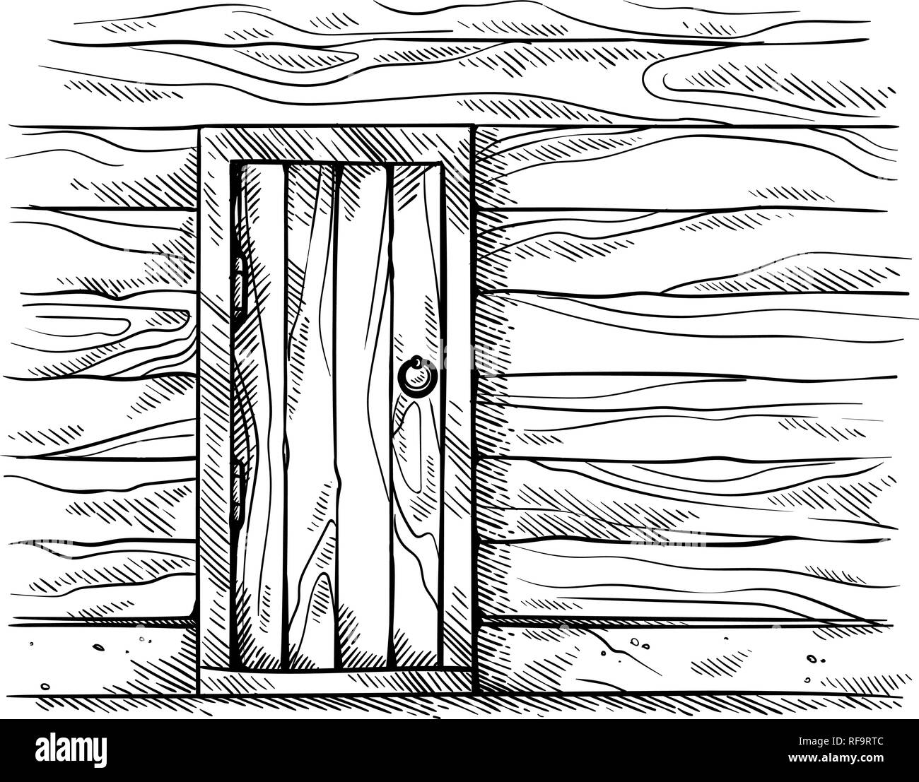 Skizze hand alte rechteckige Holztür in der Wand Holzrahmen Vector Illustration gezeichnet Stock Vektor