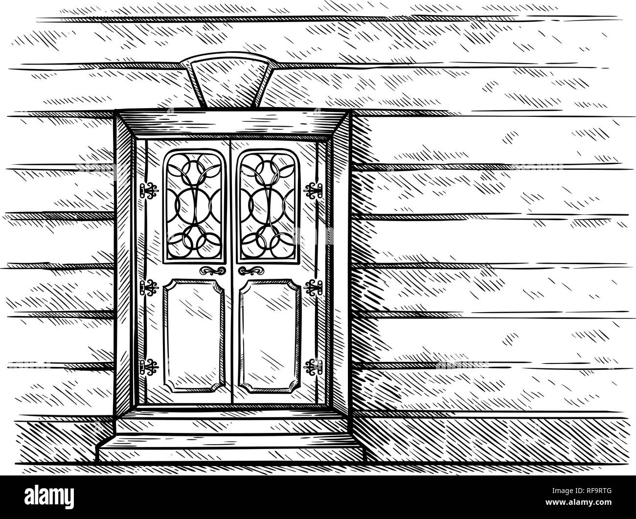 Skizze Hand gezeichnet Alte doppelte rechteckige Holztür in der Wand, in der Vector Illustration Stock Vektor