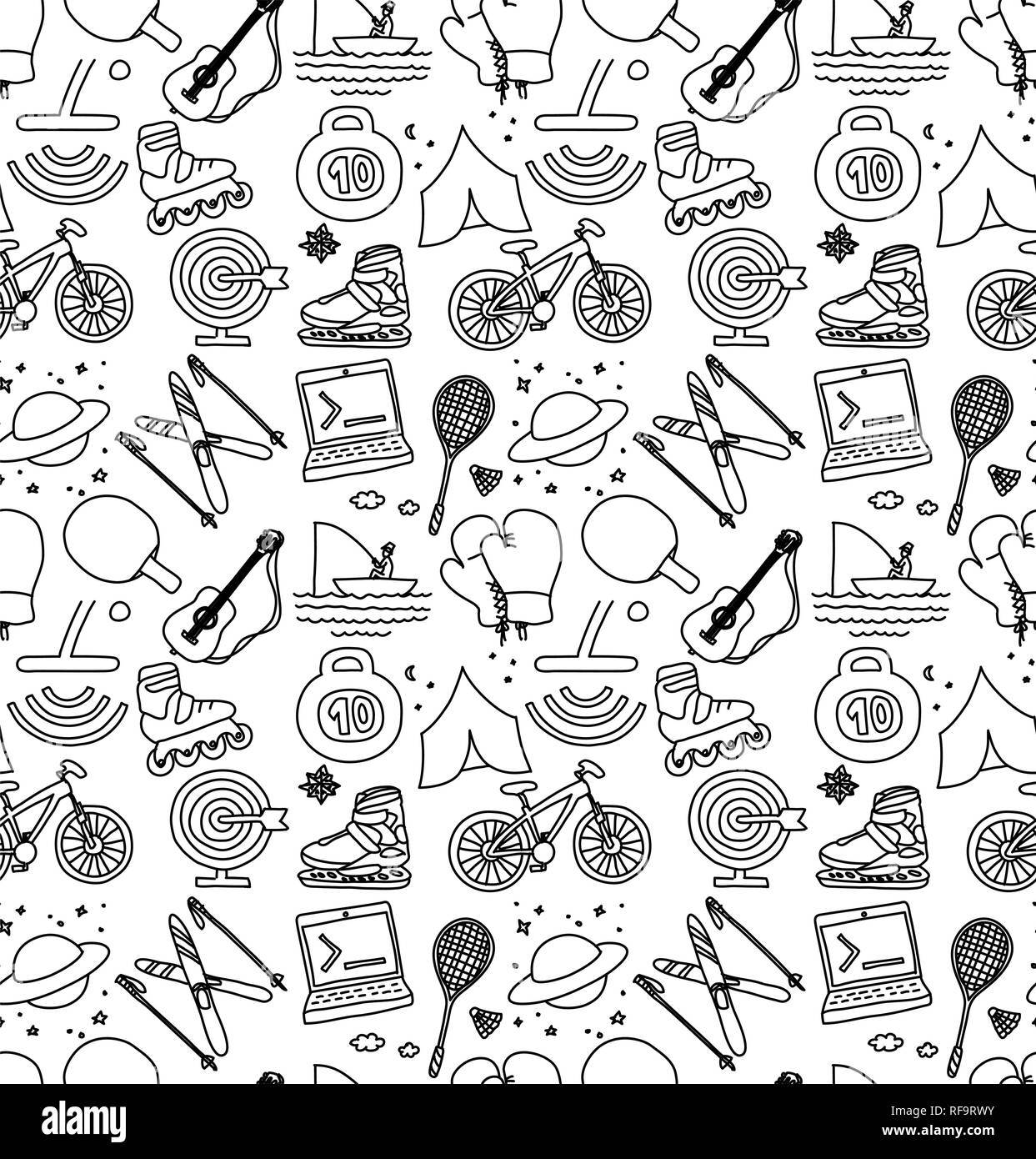 Hobbys Männer Objekte Sport Tourismus Codierung monochrome nahtlose Muster Stock Vektor