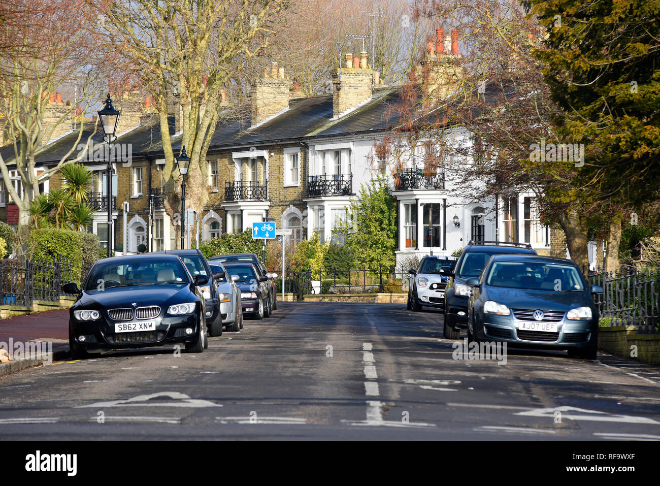 Grünen Viktorianischen Straße, ein Teil der ursprünglichen Cliff Stadt viktorianischen Entwicklung von Southend On Sea, Essex, Großbritannien. Runwell Terrasse von Prittlewell Stockfoto