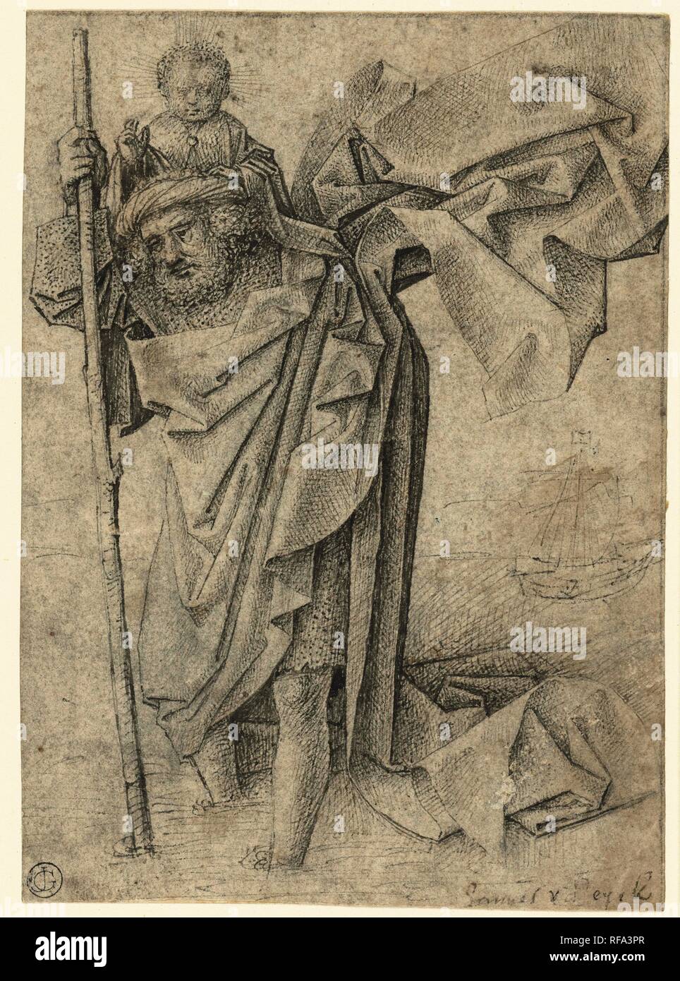 Heilige Christoffel mit Christus Kind. Verfasser: Anonym. Dating: C. 1440 - C. 1475. Maße: H 138 mm x T 100 mm. Museum: Rijksmuseum, Amsterdam. Stockfoto