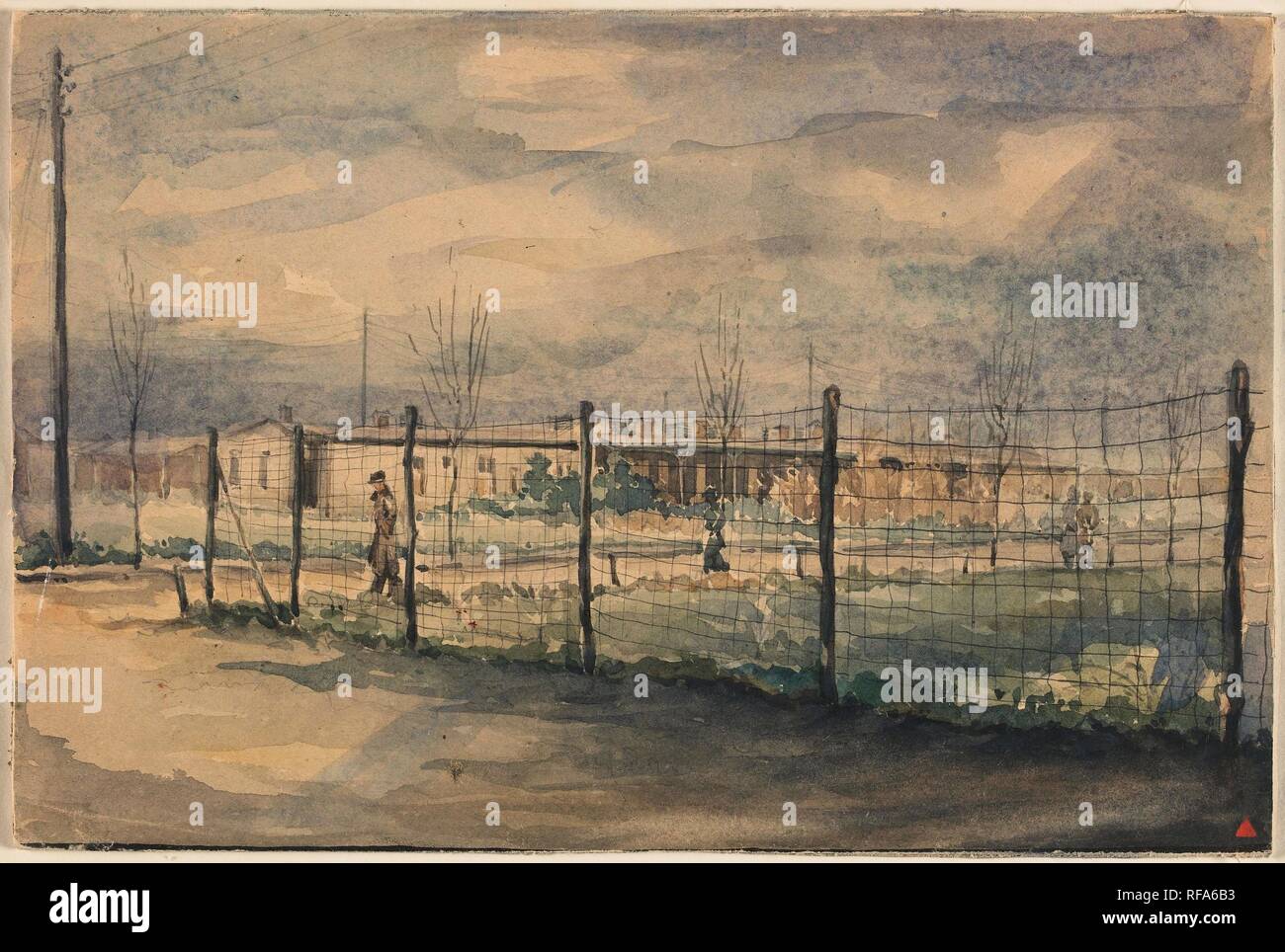 Omheining. Krijgsgevangenenkamp Stalag IVB in Mühlberg aan de Elbe (Titel der Serie). Verfasser der Stellungnahme: Wim Van Hooff. Datierung: 1944 - 1945. Ort: Mühlberg. Maße: H 18 cm x W 27 cm. Museum: Rijksmuseum, Amsterdam. Stockfoto