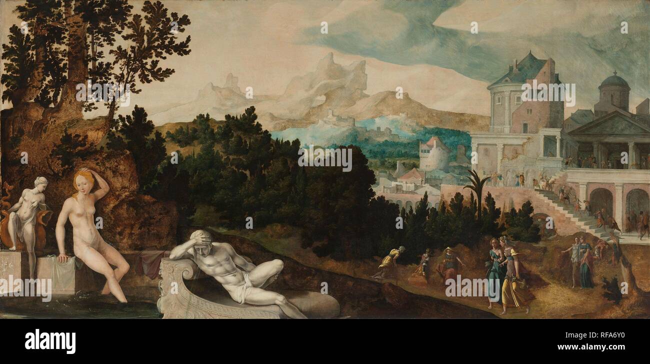 Landschaft mit Batseba. Dating: C. 1540 - C. 1545. Ort: Utrecht. Maße: Support: H 100,4 cm × w 203,9 cm; Rahmen: h222.8 cm × W121 cm x T 6,5 cm. Museum: Rijksmuseum, Amsterdam. Autor: JAN VAN SCOREL. Stockfoto