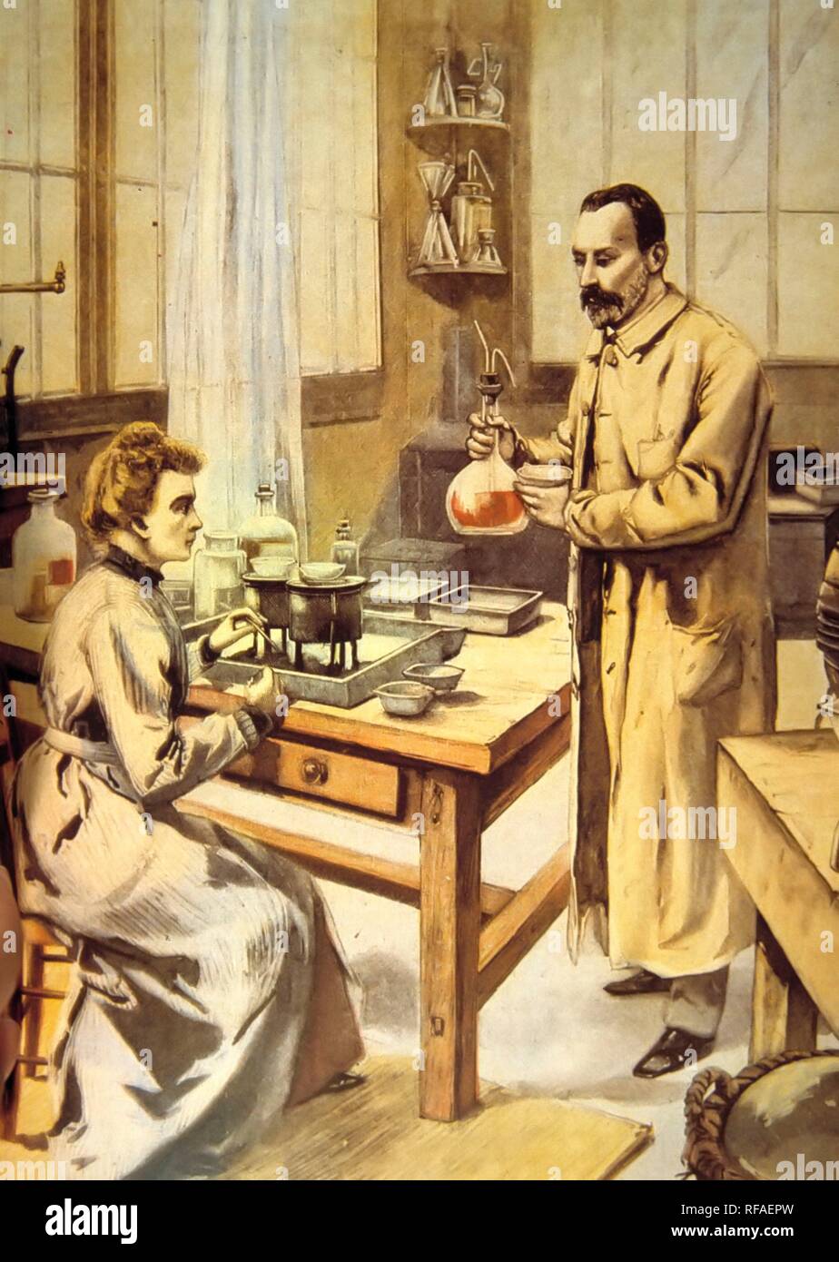 PIERRE CURIE (1859 - 1906). MARIE CURIE (1867 - 1934). POLACO CIENTIFICOS FRANCESES DE ORIGEN. SU COLOREADO GRABADO EN ESTUDIO. Stockfoto