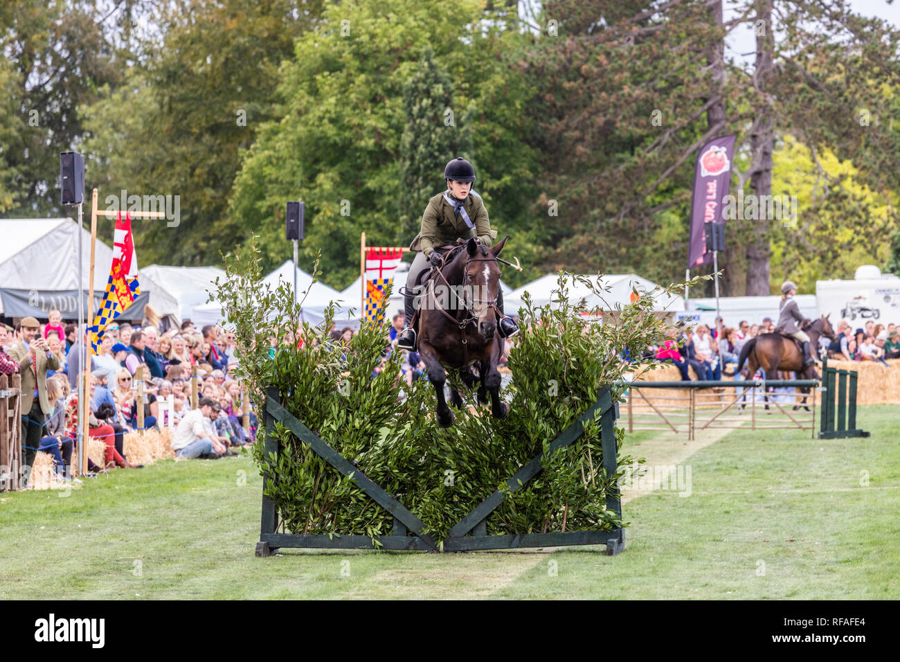 Springreiten als Teil eines inter-jagd Relais am Frampton Country Fair 2018 Frampton Court, Frampton auf Severn, Gloucestershire, UK Stockfoto