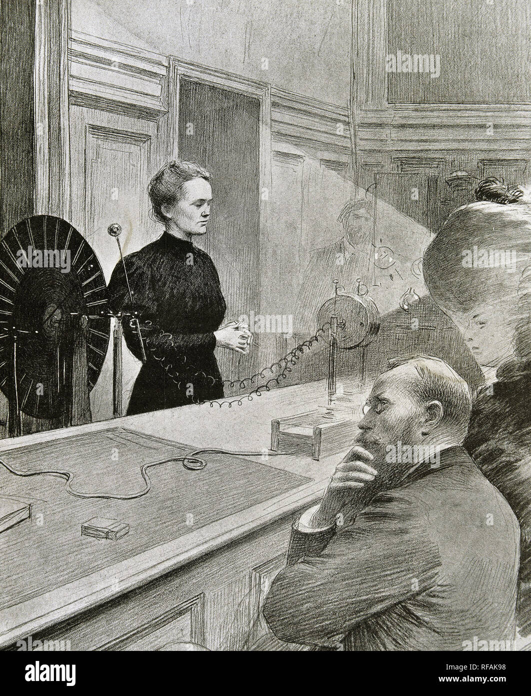 Marie Curie (1867-1934). Der französische Physiker. Zusammen mit ihrem Mann Pierre Curie Radium entdeckte 1898 den Nobelpreis für Physik erhielt im Jahre 1903 und für Chemie im Jahre 1911. Es war die erste Frau zu besetzen eine Stelle in der höheren Bildung (1906). Marie Curie öffnet ein Kurs auf Radioaktivität in seinem Stuhl an der Sorbonne. Gravur an der "L'Illustration" (1906). Stockfoto