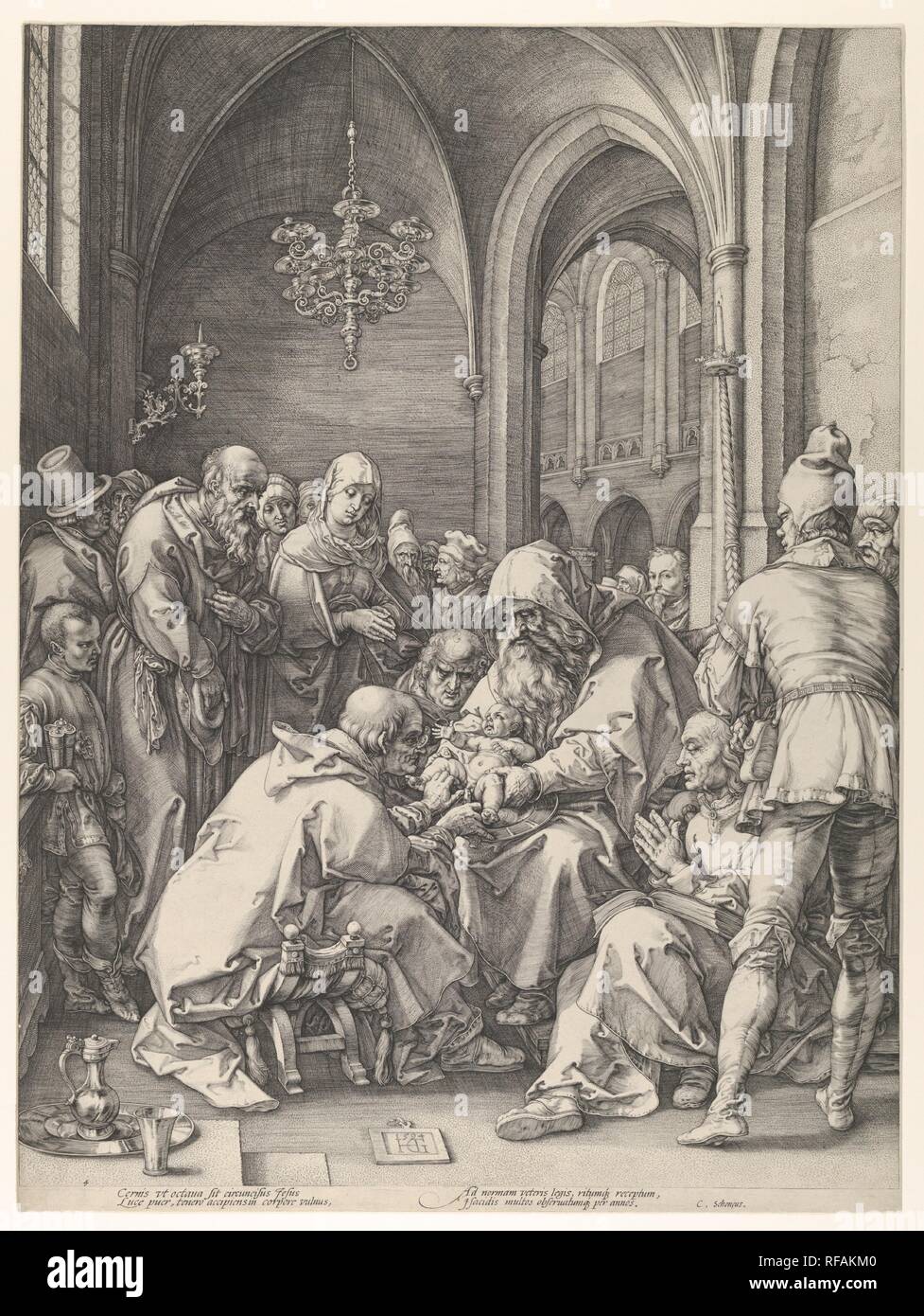 Die Beschneidung. Artist: Hendrick Goltzius (Niederländischen, Mühlbracht 1558-1617 Haarlem). Abmessungen: Bild: 18 1/4 x 13 13/16-in. (46,4 x 35,1 cm). Datum: n. d.. Die Serie, in die diese Gravur gehört, wird im Allgemeinen als Goltzius Meisterstiche oder Meisterwerk - in Analogie zu den drei berühmten Meisterstiche von seinem großen Vorgänger Albrecht Dürer bekannt. In einer bemerkenswerten Demonstration von Virtuosität in der Reihe, goltzius die Styles der verschiedenen Meister in Kompositionen seiner eigenen Erfindung imitiert. In diesem Fall sah er auf die Zusammensetzung der Dürers Holzschnitt Beschneidung aus der Serie der Lif Stockfoto