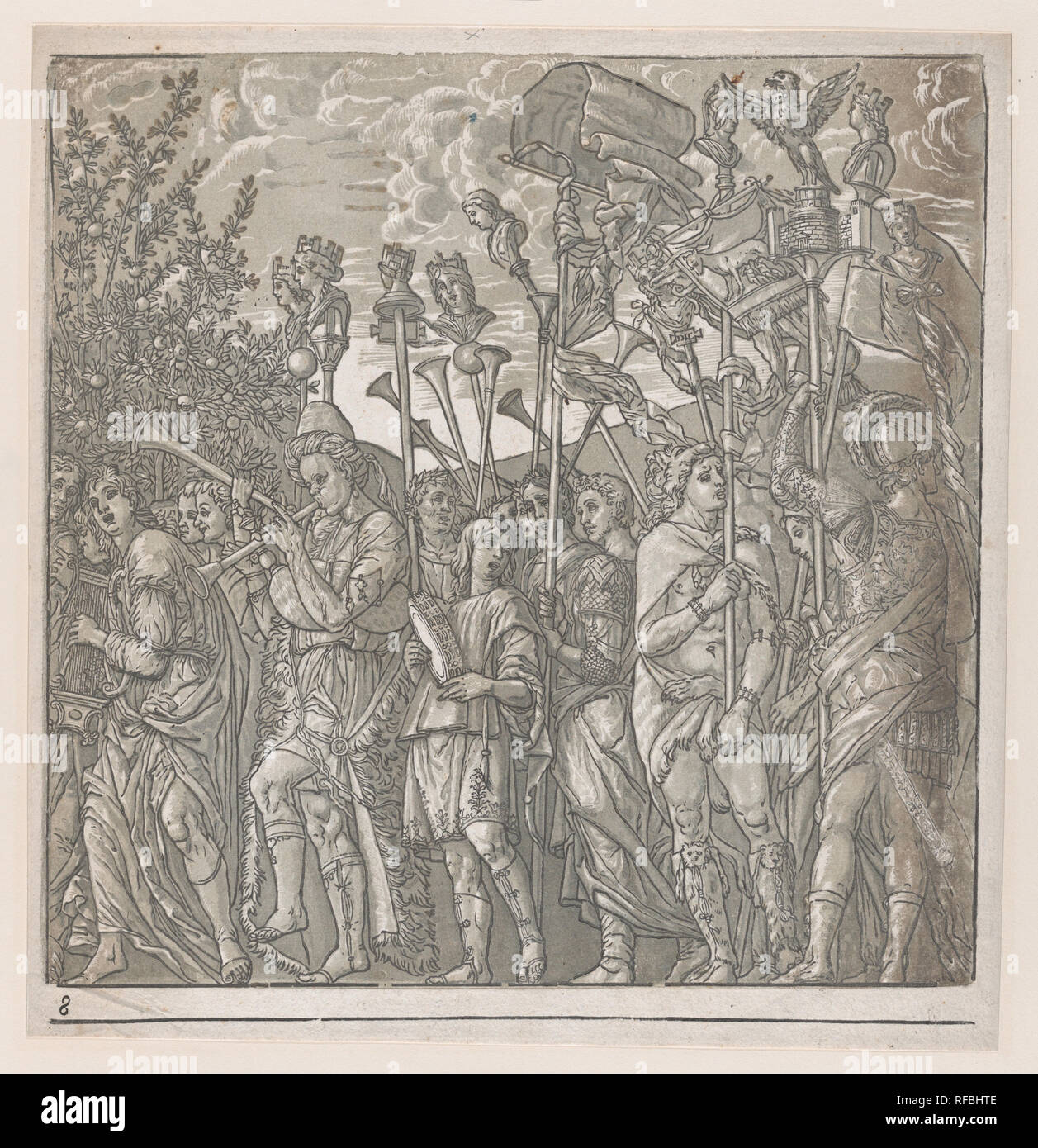 Blatt 8: Prozession von Musikern, vom Triumph des Julius Caesar. Artist: Nach Andrea Mantegna (Italienisch, Isola di Carturo 1430/31-1506 Mantua); Andrea Andreani (Mantua, 1558/1559-1629); Vermittler Verfasser Bernardo Malpizzi (Italienisch, 1555-1623). Maße: Blatt: 15 13/16 x 15 3/16 in. (40,2 × 38,5 cm) Bild: 14 7/16 x 14 9/16 in. (36,7 × 37 cm). Serie/Portfolio: der Triumph des Julius Caesar. Datum: 1599. Museum: Metropolitan Museum of Art, New York, USA. Stockfoto