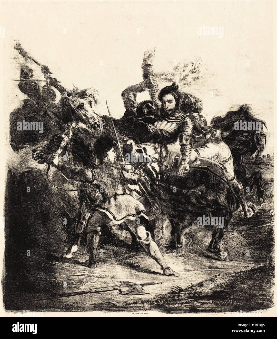 Weislingen herum angegriffen, die durch die Kräfte der Goetz (Weislingen herum attaqué par Les gens de Goetz). Stand: 1836. Medium: Lithographie. Museum: Nationalgalerie, Washington DC. Autor: Eugene Delacroix. Stockfoto