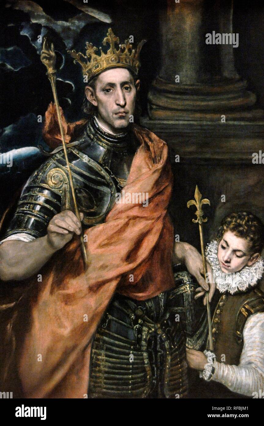 Domenikos Theotokopoulos, El Greco (1541-1614). Maler. Spanische Renaissance. Saint Louis, König von Frankreich und eine Seite. 1585-1590. Museum Louvre. Paris. Frankreich. Stockfoto