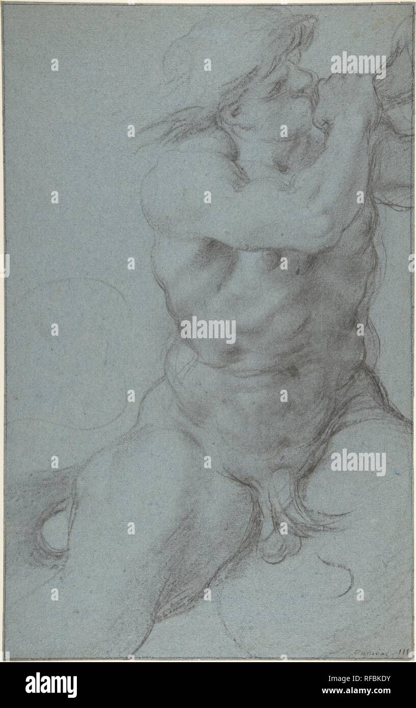 Triton Klang einer Muschelschale. Artist: Annibale Carracci (Italienisch, Bologna 1560-1609 Rom). Maße: Blatt: 15 1/4 x 9 9/16 in. (38,8 x 24,3 cm). Datum: Ca. 1597-1602. Diese Studie ist blendend für die Energie der Zeichnung, Ökonomie der Mittel, und Monumentalität des Ausdrucks. Es war Vorarbeiten für eine Triton, die an den extremen scheint von großen, länglichen fresco Thetis durchgeführt, um die Braut Kammer des Peleus (Der Triumph der Galatea) an der Decke der Galerie des Palazzo Farnese, Rom, ein Projekt im Jahr 1597 begonnen. Annibale erfunden, die meisten der robusten Zahlen in der gigantischen Farnese Galler Stockfoto