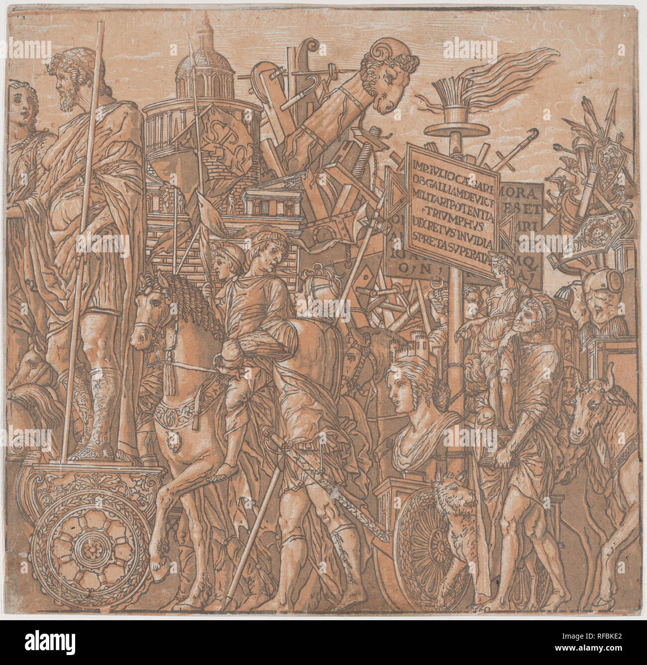 Blatt 2: eine Abbildung auf einem triumphwagen von Figuren zu Pferd umgeben, vom Triumph des Julius Caesar. Artist: Nach Andrea Mantegna (Italienisch, Isola di Carturo 1430/31-1506 Mantua); Andrea Andreani (Mantua, 1558/1559-1629); Vermittler Verfasser Bernardo Malpizzi (Italienisch, 1555-1623). Maße: Blatt: 14 9/16 x 15 1/4 in. (37 × 38,7 cm). Datum: 1599. Museum: Metropolitan Museum of Art, New York, USA. Stockfoto