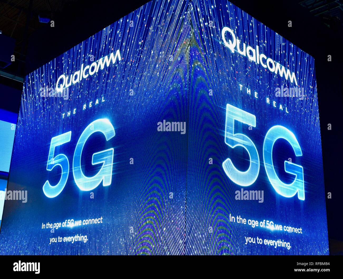 Qualcomm stand die Förderung des 5G-Mobilfunknetz überprüfen, die für die Smartphones und mobilen Geräten, auf der CES Messe in Las Vegas USA Stockfoto