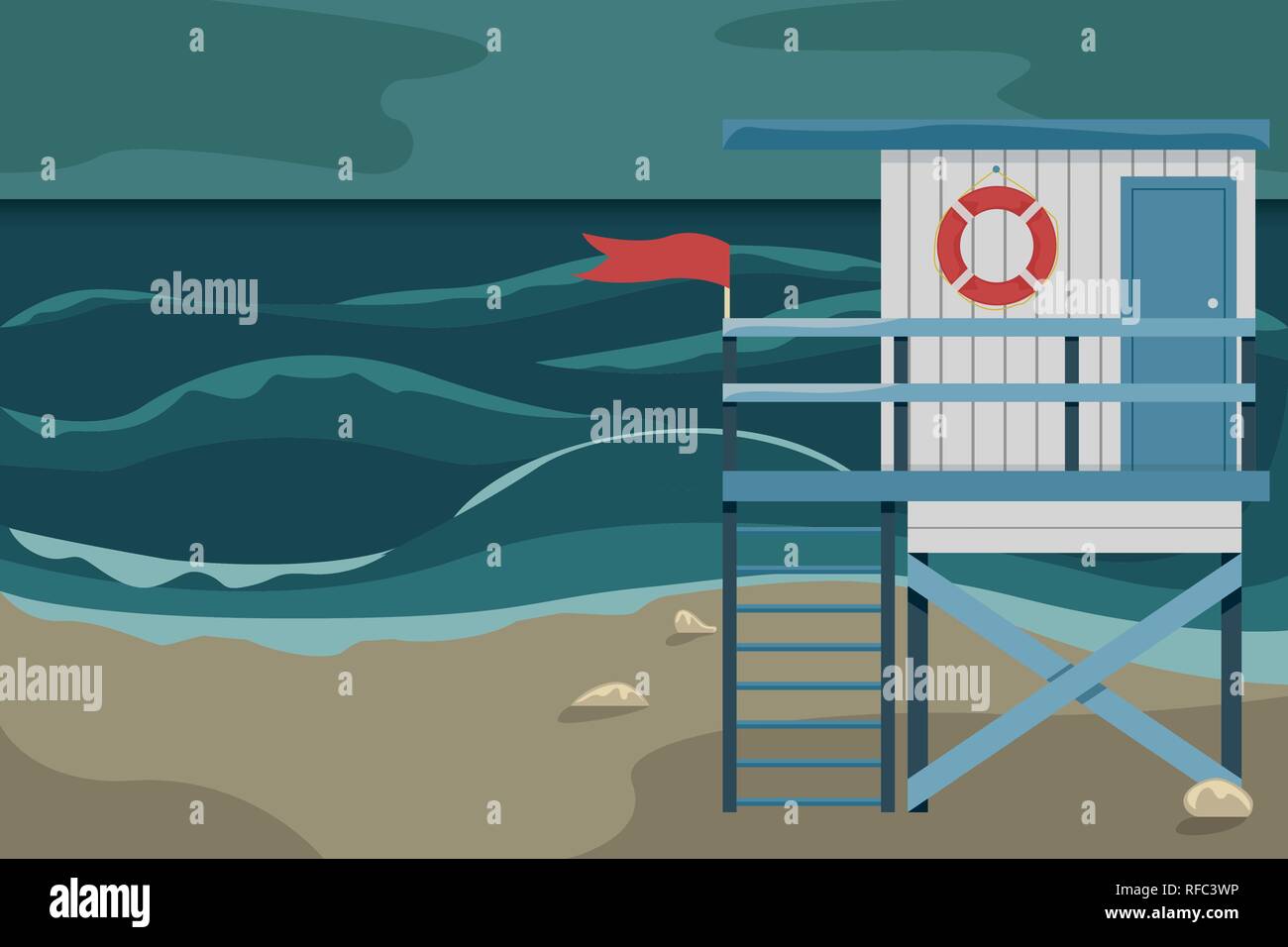 Strand Landschaft mit einem Rettungsschwimmer Haus während eines Sturms. Flache Vector Illustration. Stock Vektor