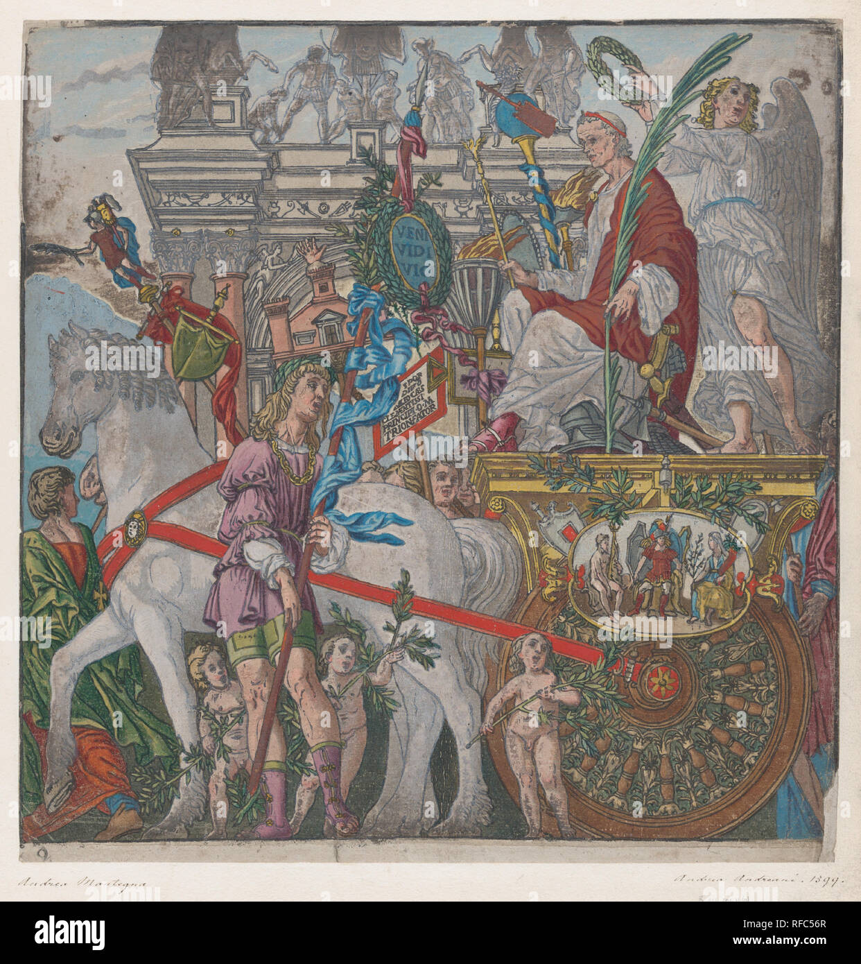 Blatt 9: Julius Cäsar in seinen Pferden gezogenen Wagen, vom Triumph des Julius Caesar. Artist: Nach Andrea Mantegna (Italienisch, Isola di Carturo 1430/31-1506 Mantua); Andrea Andreani (Mantua, 1558/1559-1629); Vermittler Verfasser Bernardo Malpizzi (Italienisch, 1555-1623). Maße: Blatt: 14 7/8 x 14 1/2 in. (37,8 × 36,8 cm). Datum: 1599. Museum: Metropolitan Museum of Art, New York, USA. Stockfoto
