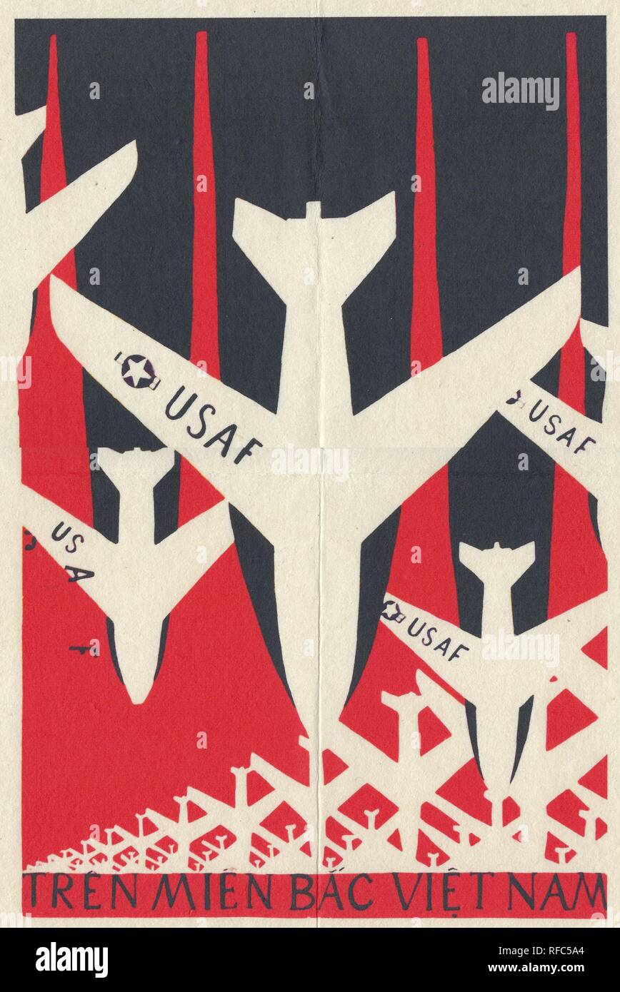 Vietnamesische Propaganda Poster, mit einem grafischen Entwurf mit Flugzeugen mit United States Air Force (USAF) Markierungen, gegen dunkle Bomben ab, beide stürzt nach unten, mit dem Text 'Tren Mien Bac Vietnam" auf den Tragflächen der Flugzeuge im Vordergrund geschrieben, während des Vietnam Krieges, 1972 veröffentlicht. () Stockfoto