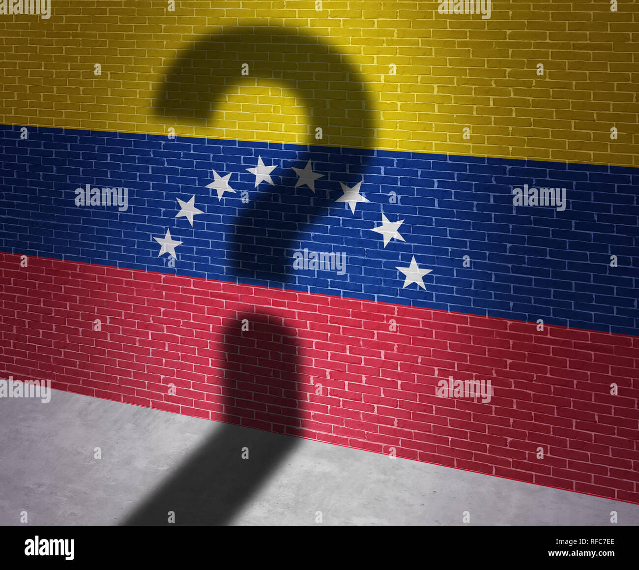 Venezuela Krise und Venezolanischen politischen Situation als Unsicherheit in Caracas und eine Frage Schatten auf die Flagge des südamerikanischen Landes. Stockfoto