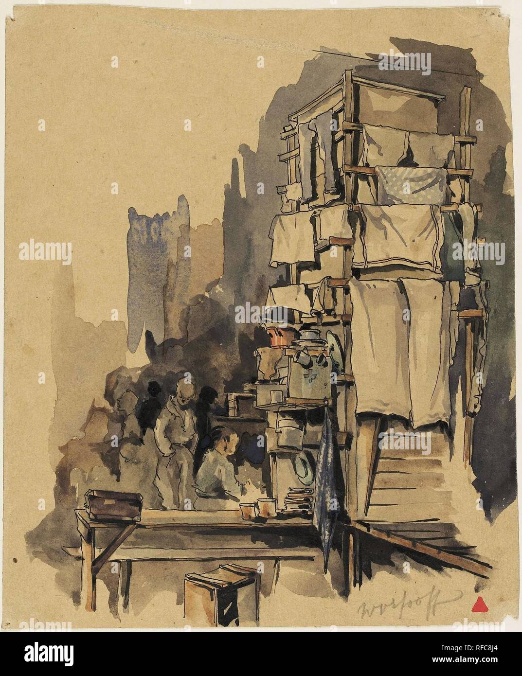 Wasdag. Krijgsgevangenenkamp Stalag IVB in Mühlberg aan de Elbe (Titel der Serie). Verfasser der Stellungnahme: Wim Van Hooff. Dating: Mar 1945. Ort: Mühlberg. Maße: H 20 cm x W 17 cm. Museum: Rijksmuseum, Amsterdam. Stockfoto