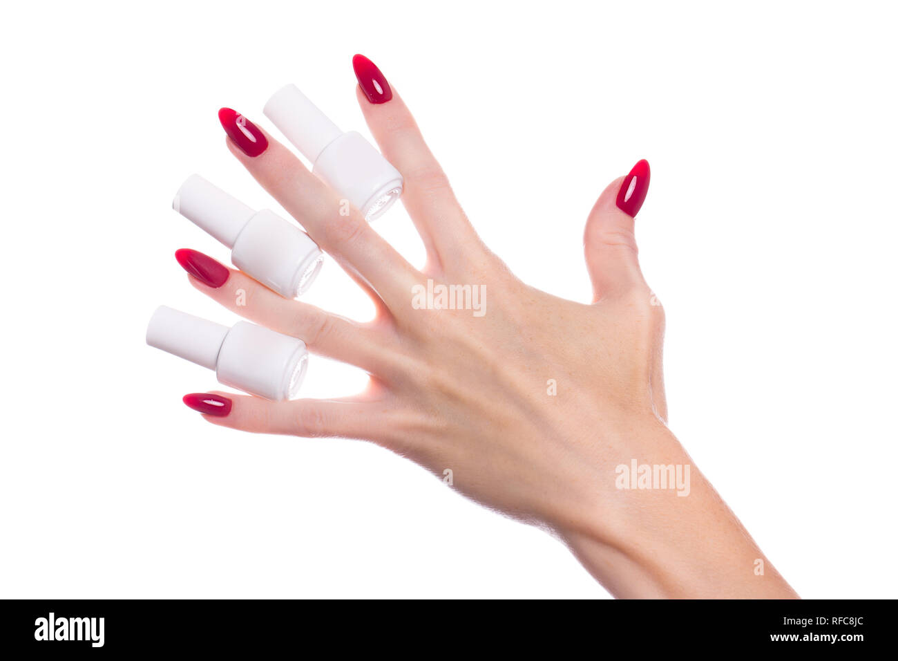 Hellen festlichen roten Maniküre auf weibliche Hände. Nägel Design Stockfoto