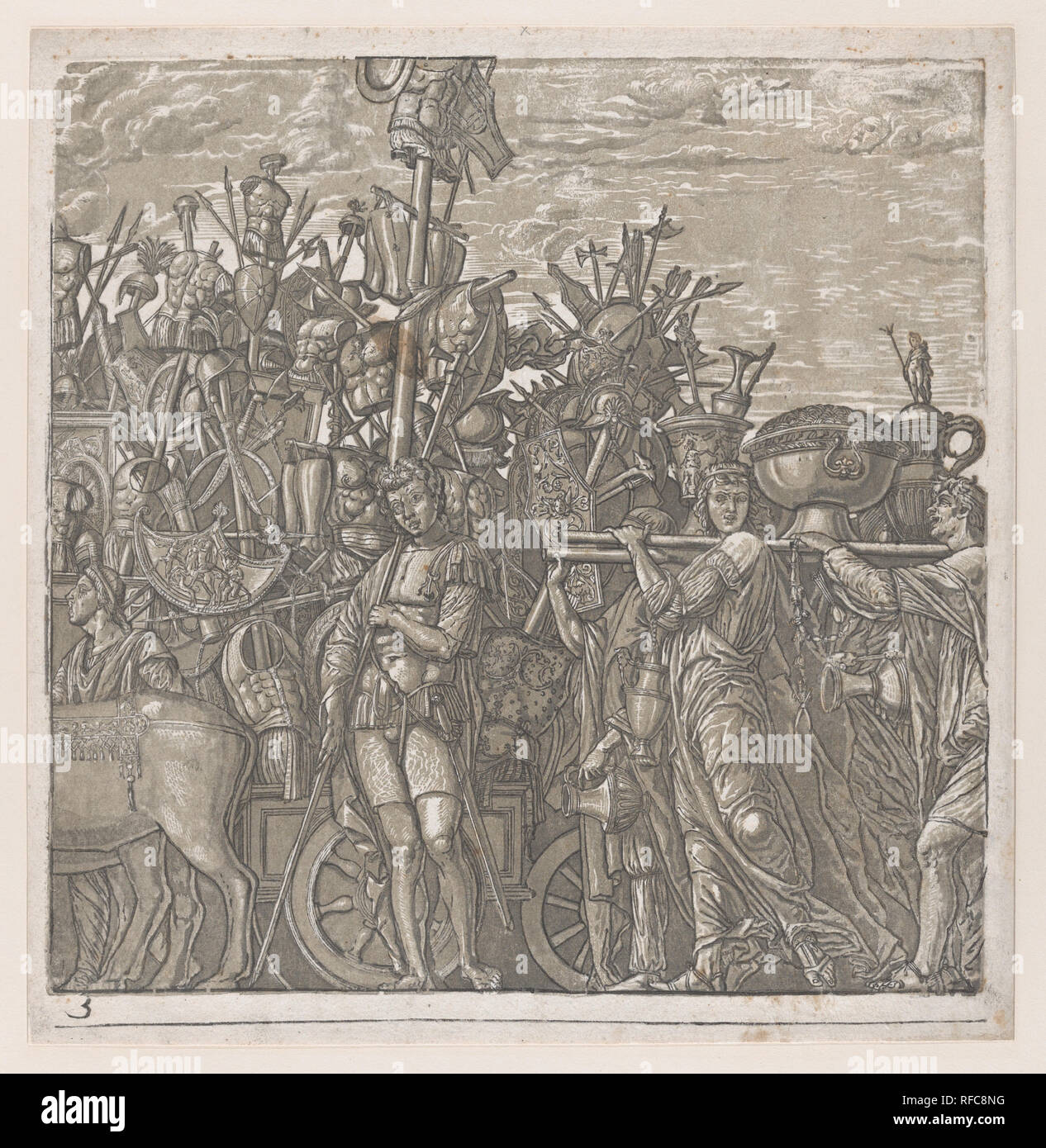 Blatt 3: Trophäen des Krieges, von den Triumph von Julius Caesar. Artist: Nach Andrea Mantegna (Italienisch, Isola di Carturo 1430/31-1506 Mantua); Andrea Andreani (Mantua, 1558/1559-1629); Vermittler Verfasser Bernardo Malpizzi (Italienisch, 1555-1623). Maße: Blatt: 15 15/16 x 15 7/16 in. (40,5 × 39,2 cm) Bild: 14 5/8 x 14 11/16 in. (37,1 × 37,3 cm). Datum: 1598-99. Museum: Metropolitan Museum of Art, New York, USA. Stockfoto