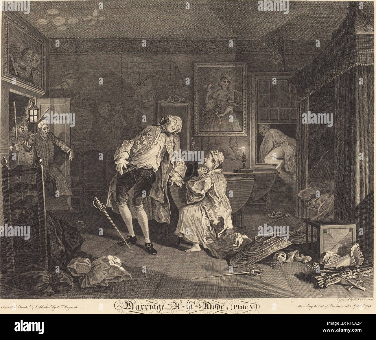 Ehe à la Mode: pl.5. Stand: 1745. Medium: Radierung und Gravur. Museum: Nationalgalerie, Washington DC. Autor: Simon Francois Ravenet ich nach William Hogarth. nach William Hogarth. William Hogarth. SIMON FRANCIS RAVENET. Stockfoto