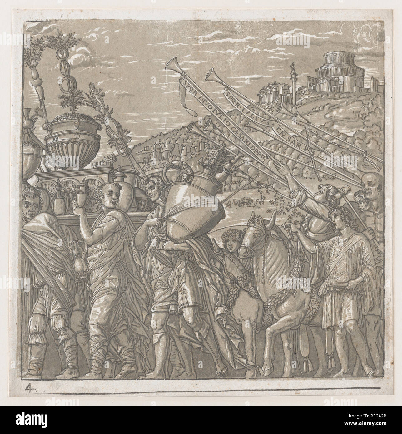 Blatt 4: Männer Trophäen mit Links, Trompeter auf engen, vom Triumph des Julius Caesar. Artist: Nach Andrea Mantegna (Italienisch, Isola di Carturo 1430/31-1506 Mantua); Andrea Andreani (Mantua, 1558/1559-1629); Vermittler Verfasser Bernardo Malpizzi (Italienisch, 1555-1623). Maße: Blatt: 15 3/4 x 15 9/16 in. (40 × 39,5 cm) Bild: 14 9/16 x 14 11/16 in. (37 × 37,3 cm). Datum: 1599. Museum: Metropolitan Museum of Art, New York, USA. Stockfoto