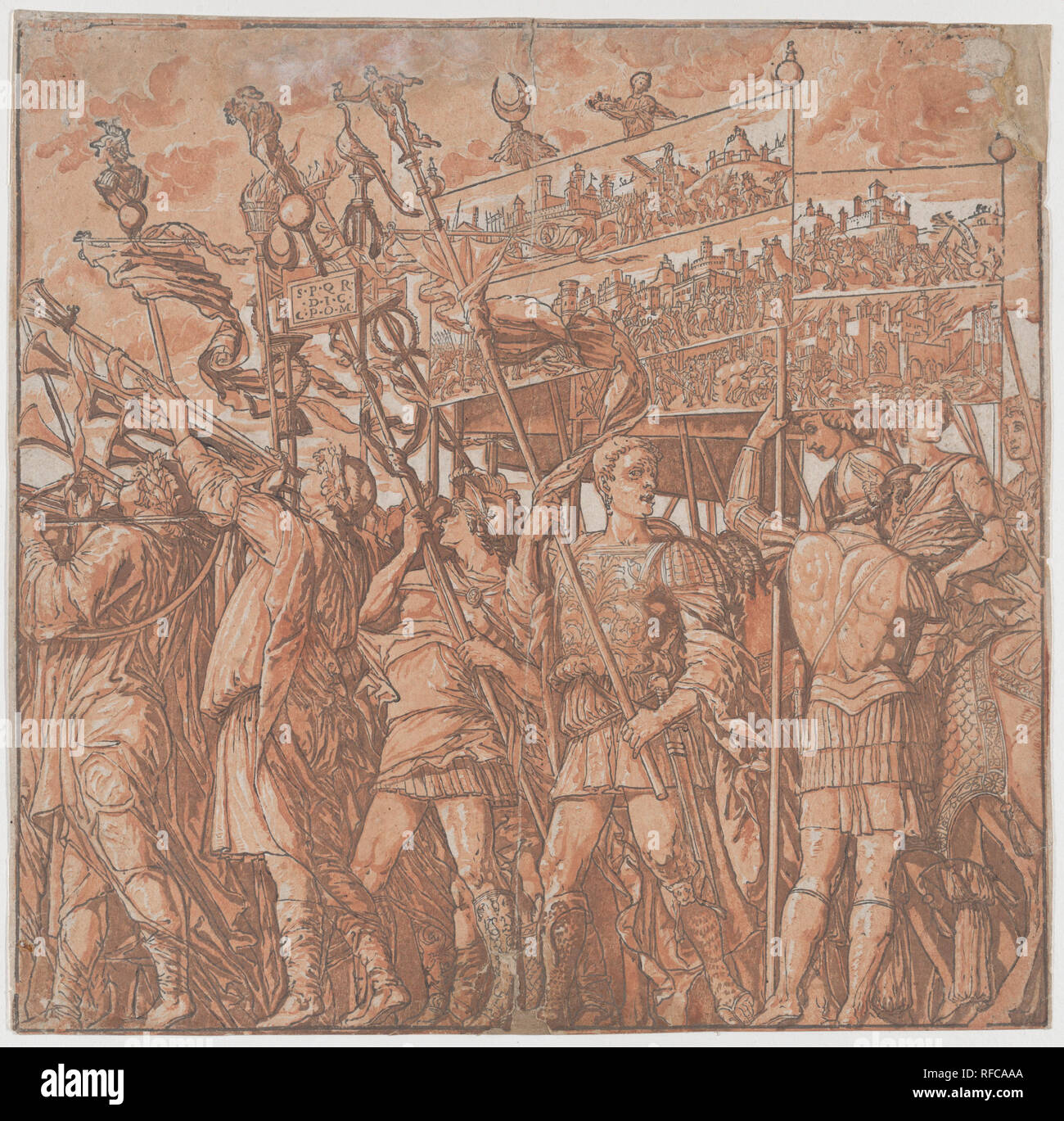 Blatt 1: Römische Soldaten die Banner der Darstellung der triumphale Siege von Julius Caesar, vom Triumph des Julius Caesar. Artist: Nach Andrea Mantegna (Italienisch, Isola di Carturo 1430/31-1506 Mantua); Andrea Andreani (Mantua, 1558/1559-1629); Vermittler Verfasser Bernardo Malpizzi (Italienisch, 1555-1623). Maße: Blatt: 14 1/2 x 14 15/16 in. (36,8 × 37,9 cm). Datum: 1599. Museum: Metropolitan Museum of Art, New York, USA. Stockfoto