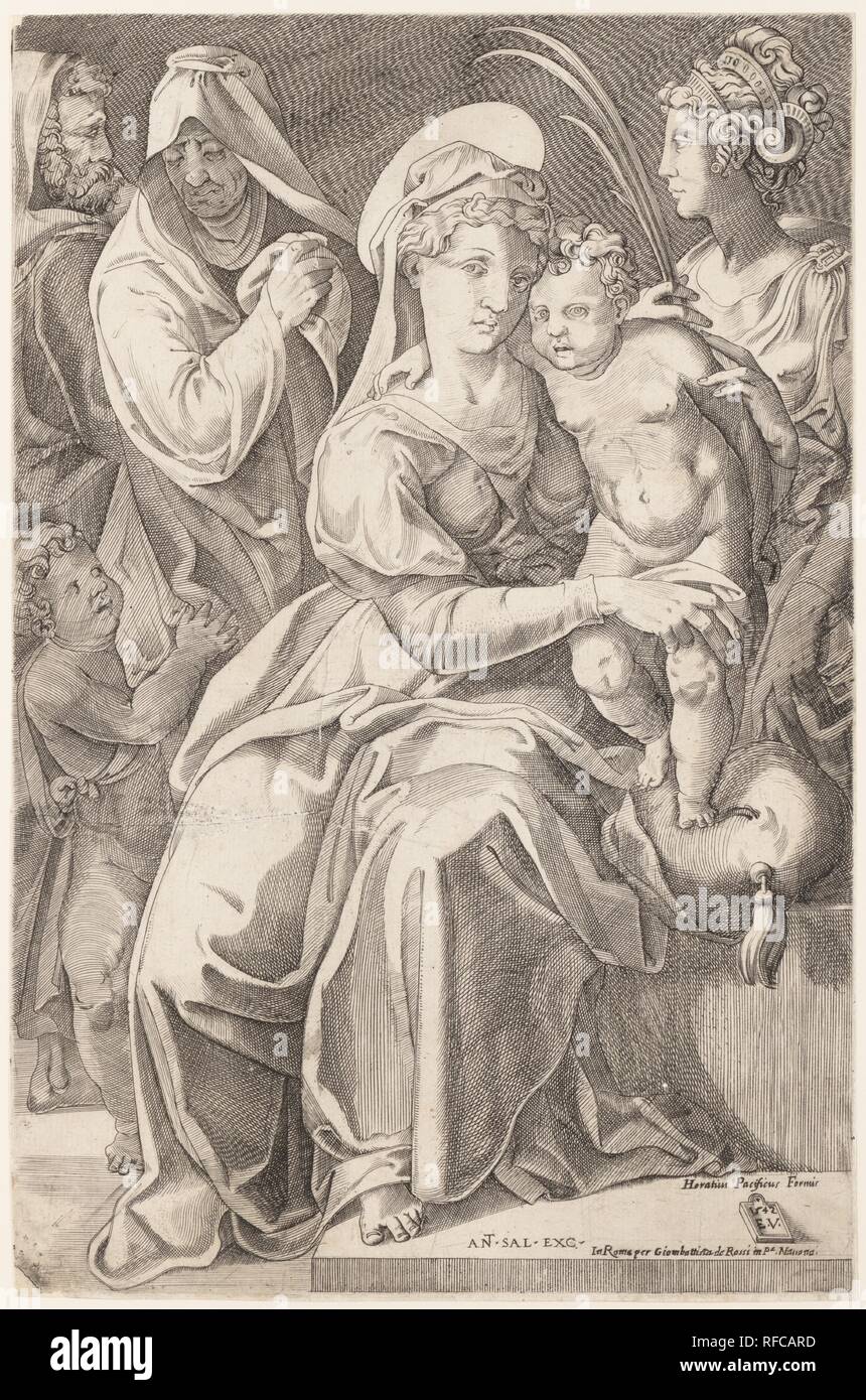 Die Heilige Familie mit St. Anna und St. Catherine. Artist: Enea Vico (Italienisch, Parma, Ferrara) 1523-1567; nach Rosso Fiorentino (Italien, Florenz 1494-1540 Fontainebleau); oder nach Francesco Salviati (Francesco de' Rossi) (Italienisch, Florenz 1510-1563 Rom) von Voss (1920) und Mortari (1992). Abmessungen: Platte: 14 1/2 x 9 1/2 in. (36,8 x 24,2 cm). Erschienen in: Rom. Herausgeber: Herausgegeben von Giovanni Giacomo De Rossi (Italien, Rom 1627-1691 Rom); zuvor veröffentlicht von Orazio Pacifico (Italienisch, Ca. 1580-1637); zuvor veröffentlicht von Antonio Salamanca (Salamanca 1478-1562 Rom). Datum: 1542, pub Stockfoto