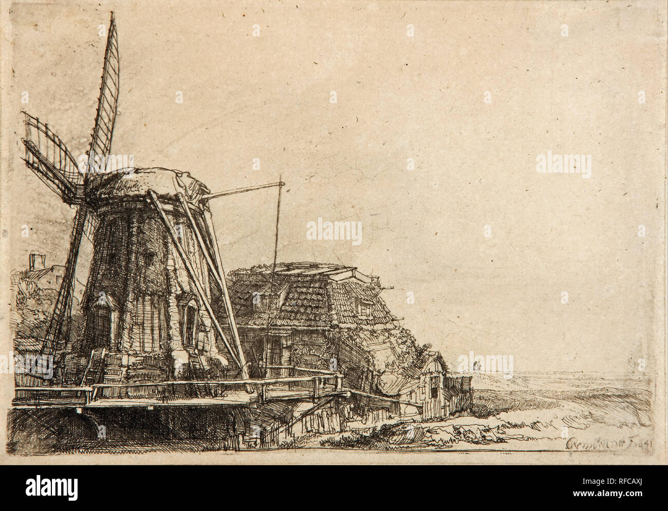 Die Windmühle. Datum/Zeitraum: 1641. Radierung auf Papier. Höhe: 14,6 cm (5,7 Zoll); Breite: 20,9 cm (8.2 in). Thema: Rembrandt, HARMENSZOON VAN RIJN. Rembrandt (Rembrandt van Rijn). Nach Rembrandt (Rembrandt van Rijn). François Vivares. REMBRANDT HARMENSZOON VAN RIJN. Stockfoto