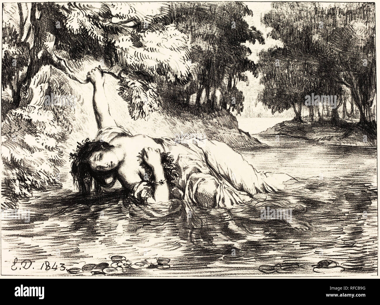 Der Tod von Ophelia (Akt IV, Szene VII). Stand: 1843. Medium: Lithographie. Museum: Nationalgalerie, Washington DC. Autor: Eugene Delacroix. SHAKESPEARE, WILLIAM. DELACROIX, Eugene. Stockfoto