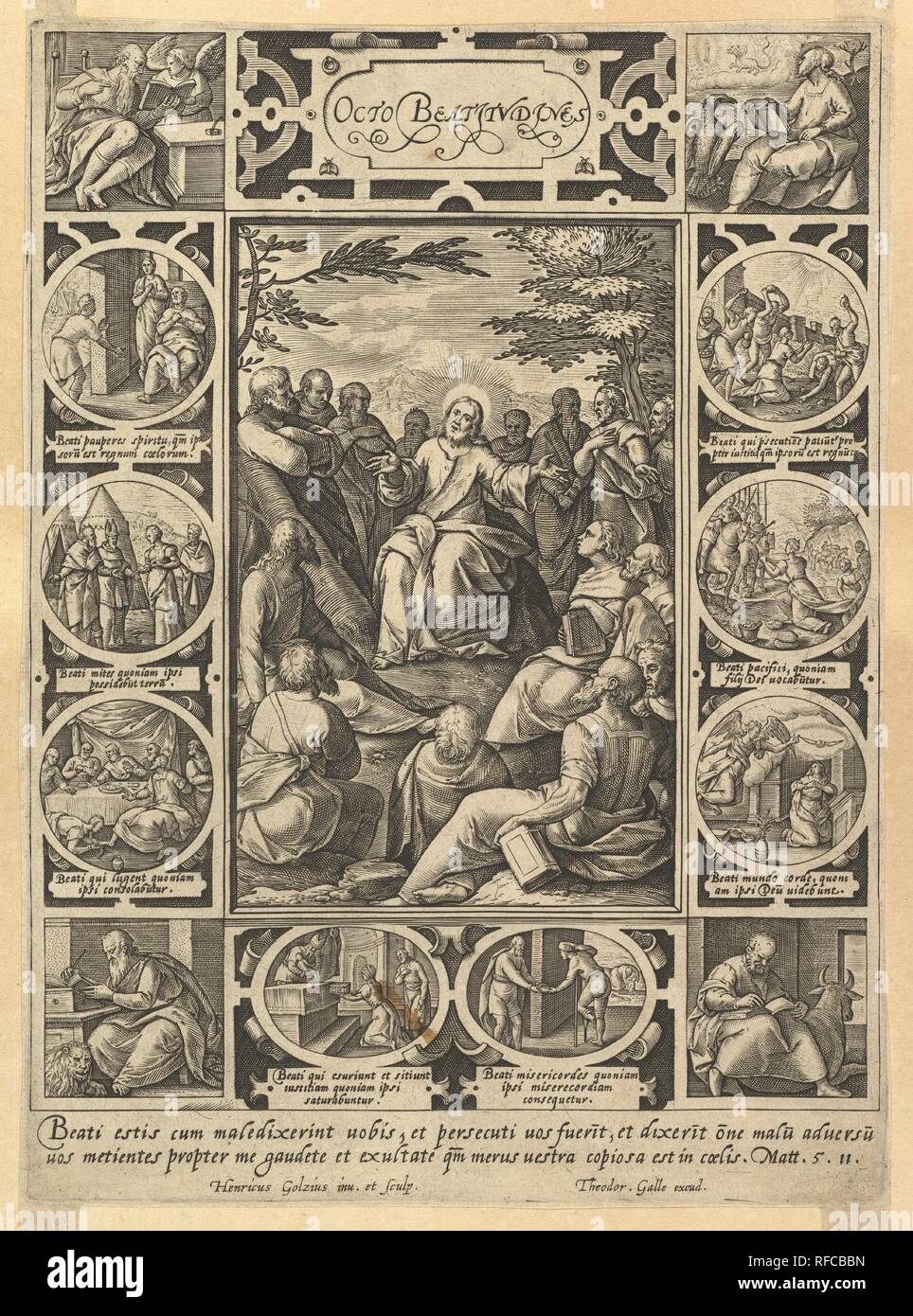 Die acht Seligpreisungen, aus christlichen und profanen Allegorien. Artist: Hendrick Goltzius (Niederländischen, Mühlbracht 1558-1617 Haarlem). Maße: Blatt: 10 1/16 x 7 5/16 in. (25,5 x 18,6 cm). Herausgeber: Theodoor Galle (Niederländischen, Antwerpen Antwerpen 1571-1633). Museum: Metropolitan Museum of Art, New York, USA. Stockfoto