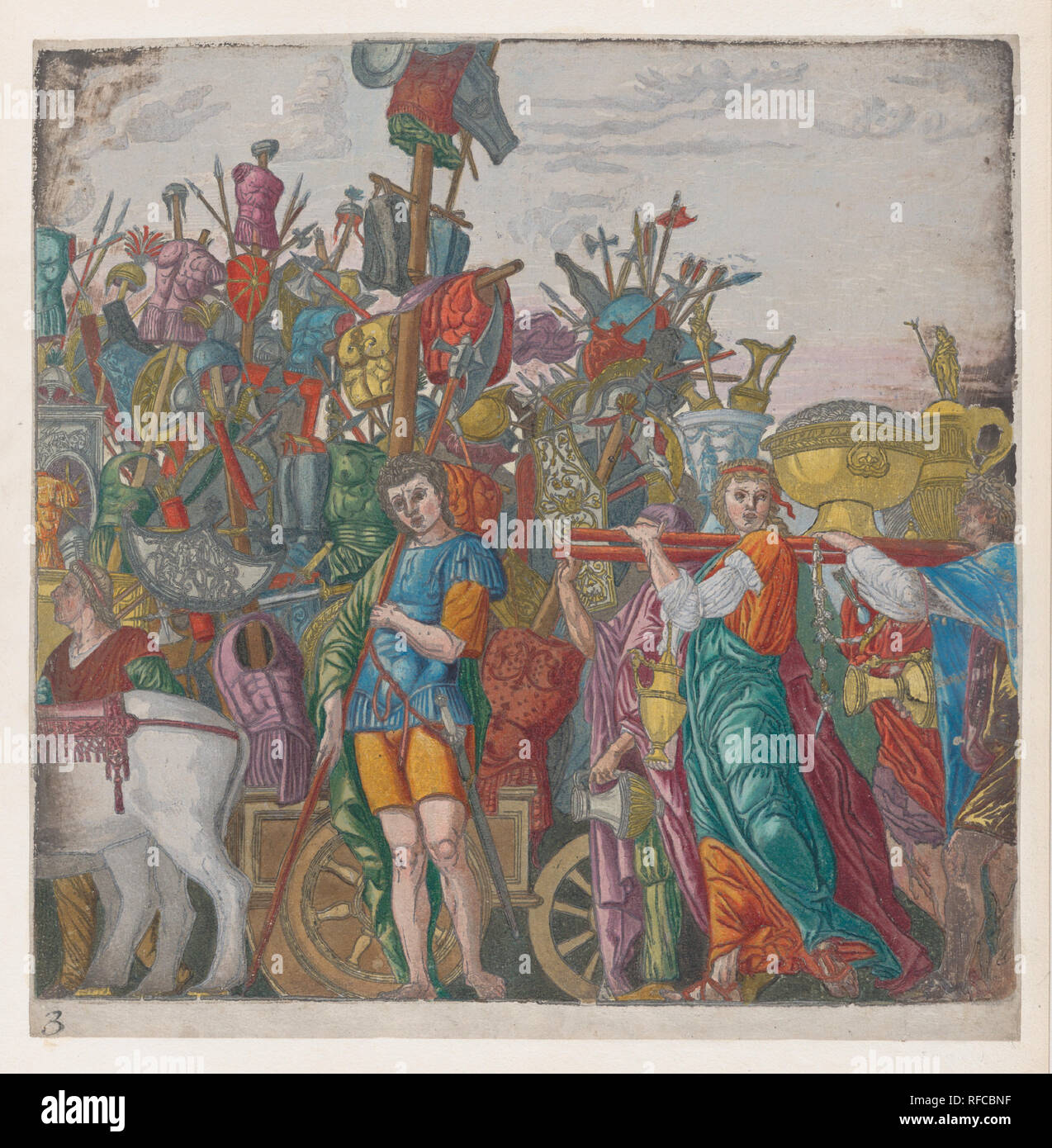 Blatt 3: Trophäen des Krieges, von den Triumph von Julius Caesar. Artist: Nach Andrea Mantegna (Italienisch, Isola di Carturo 1430/31-1506 Mantua); Andrea Andreani (Mantua, 1558/1559-1629); Vermittler Verfasser Bernardo Malpizzi (Italienisch, 1555-1623). Maße: Blatt: 14 15/16 x 14 13/16-in. (38 × 37,6 cm). Serie/Portfolio: der Triumph des Julius Caesar. Datum: 1599. Museum: Metropolitan Museum of Art, New York, USA. Stockfoto