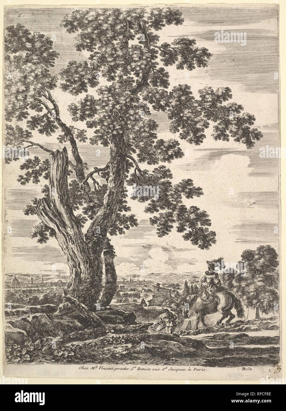 Eine Frau auf dem Pferd von hinten Abfahren von einem Hügel auf der rechten Seite, ein großer Baum auf der linken Seite, Landschaft von Florenz links im Hintergrund, die in die "vier großen Landschaften' (Quatre grands Paysages en Hauteur). Artist: Stefano Della Bella (Italienisch, Florenz 1610-1664 Florenz). Maße: Blatt: 9 7/8 x 7 1/2 in. (25,1 x 19 cm). Serie/Portfolio: "Vier großen Landschaften' (Quatre grands Paysages en Hauteur). Datum: Ca. 1652-57. Museum: Metropolitan Museum of Art, New York, USA. Stockfoto