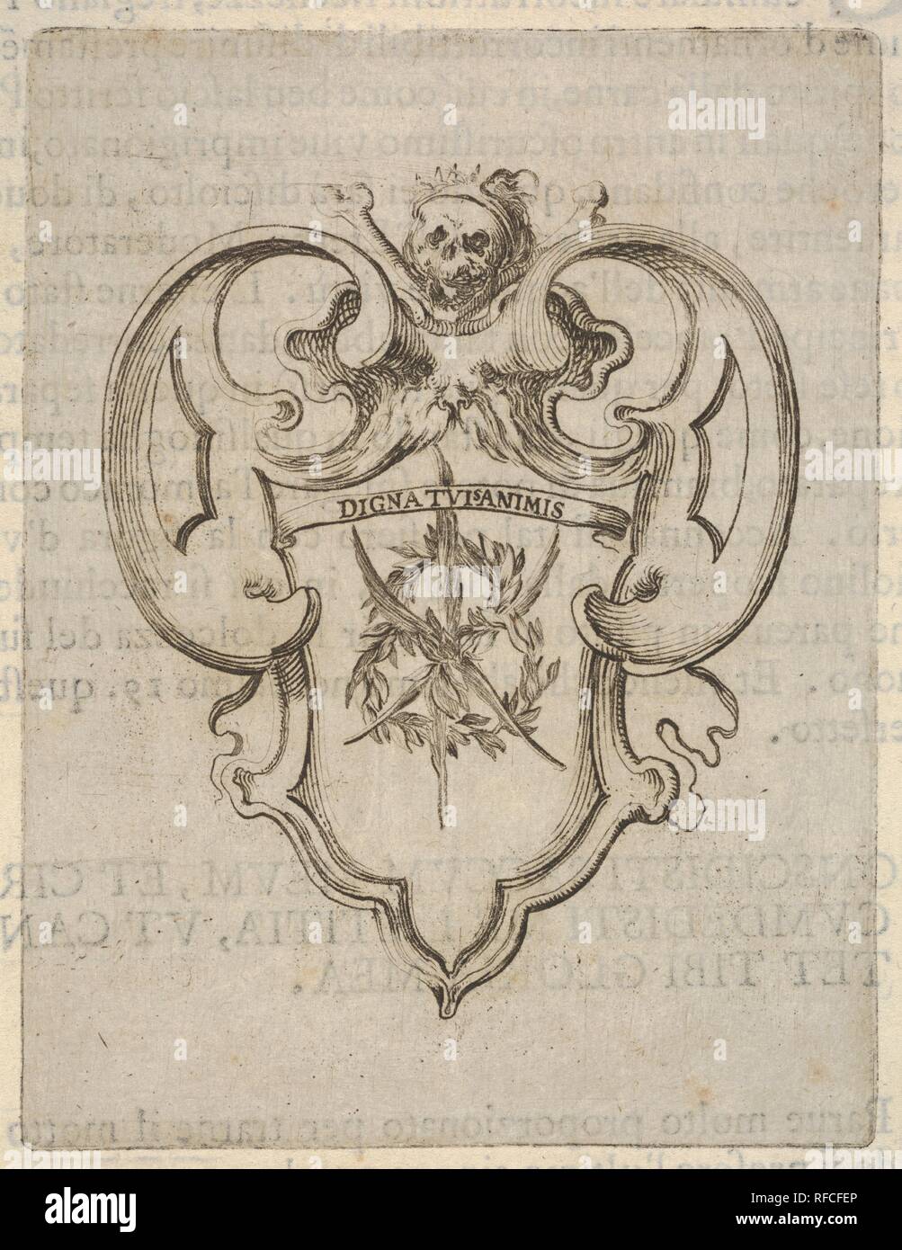 Eine Kartusche mit einem Kranz aus Lorbeer und Palmen, einen Totenkopf auf der Oberseite, von 'Acht Embleme für die Beerdigung von Francesco de Medici" (Huit emblèmes pour les funérailles du prince François de Médicis). Artist: Stefano Della Bella (Italienisch, Florenz 1610-1664 Florenz). Maße: Blatt: 6 1/2 x 5 1/8 in. (16,5 x 13 cm) Berg: 8 3/8 x 6 7/8 in. (21,2 x 17,4 cm). Serie/Portfolio: "Acht Embleme für die Beerdigung von Francesco de Medici" (Huit emblèmes pour les funérailles du prince François de Médicis). Datum: Ca. 1640-60. Museum: Metropolitan Museum of Art, New York, USA. Stockfoto